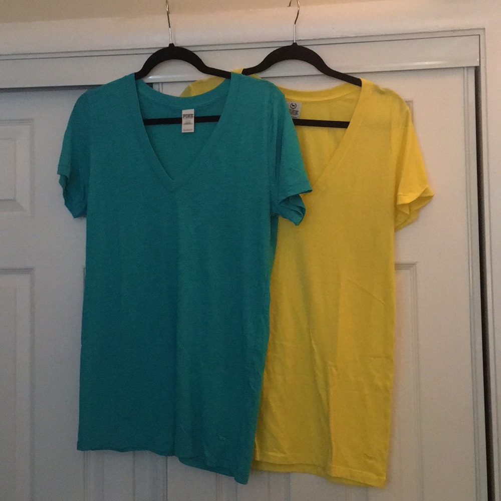 Teal & Yellow Victoria’s Secret PINK V-neck Shirts